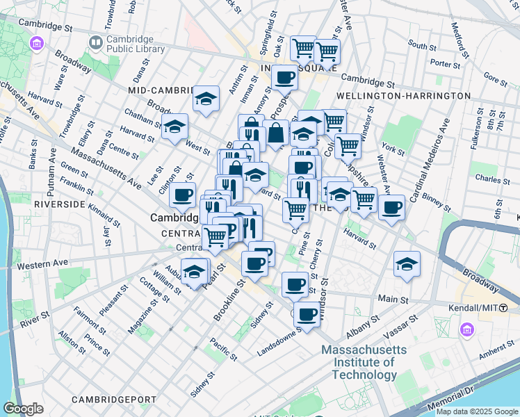 map of restaurants, bars, coffee shops, grocery stores, and more near 135 Norfolk Street in Cambridge