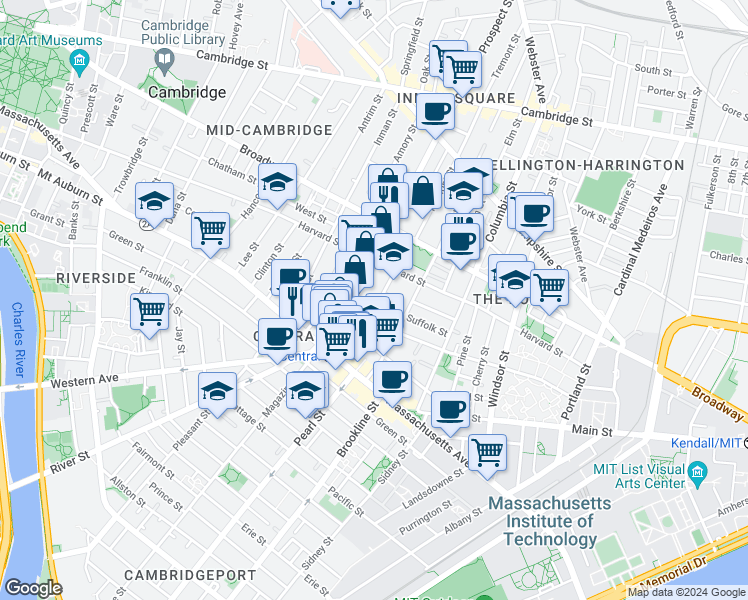 map of restaurants, bars, coffee shops, grocery stores, and more near 55 Essex Street in Cambridge