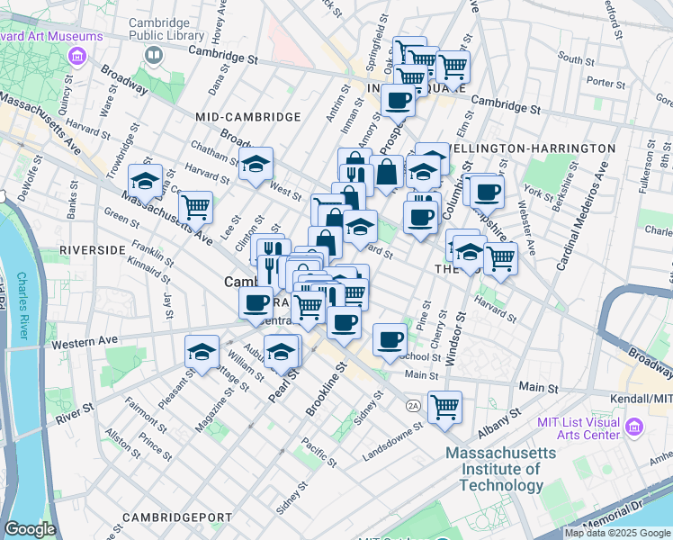 map of restaurants, bars, coffee shops, grocery stores, and more near 55 Essex Street in Cambridge