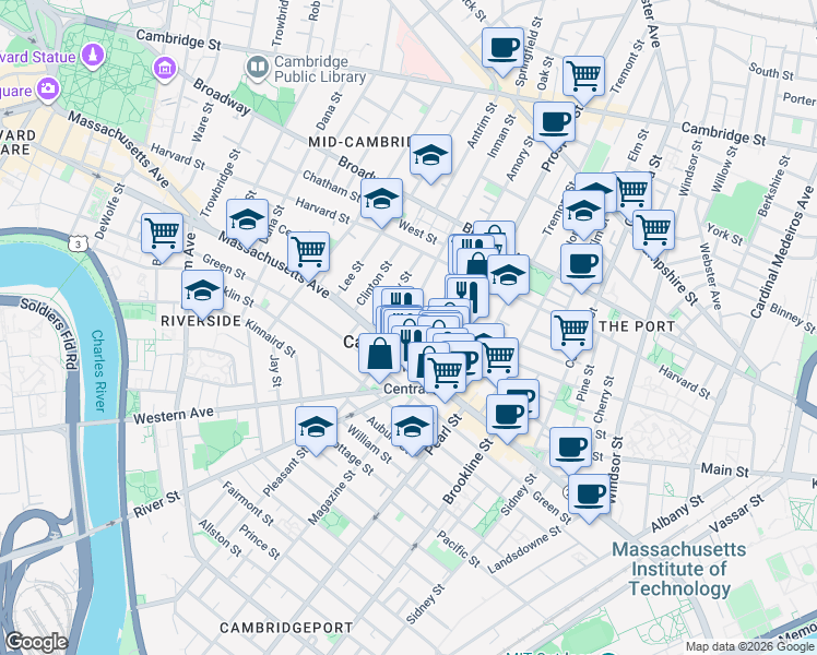map of restaurants, bars, coffee shops, grocery stores, and more near 151 Bishop Allen Drive in Cambridge