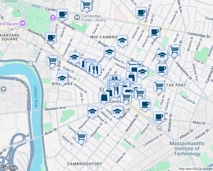 map of restaurants, bars, coffee shops, grocery stores, and more near 5 Bigelow Street in Cambridge