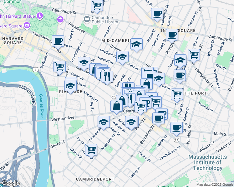 map of restaurants, bars, coffee shops, grocery stores, and more near 5 Bigelow Street in Cambridge