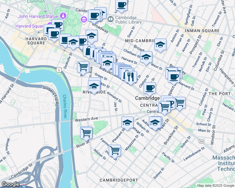map of restaurants, bars, coffee shops, grocery stores, and more near 488 Franklin Street in Cambridge