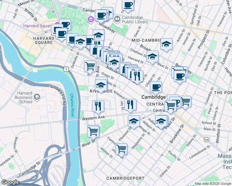 map of restaurants, bars, coffee shops, grocery stores, and more near 488 Franklin Street in Cambridge