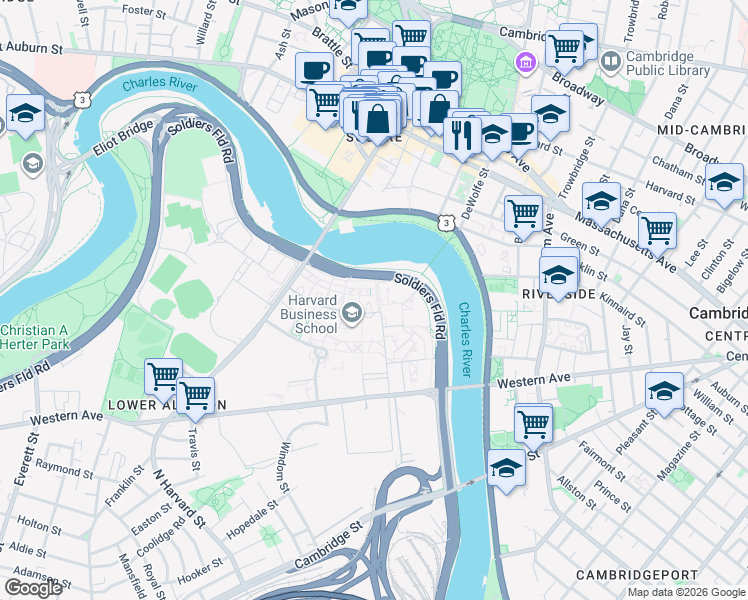 map of restaurants, bars, coffee shops, grocery stores, and more near 38 Harvard Way in Boston