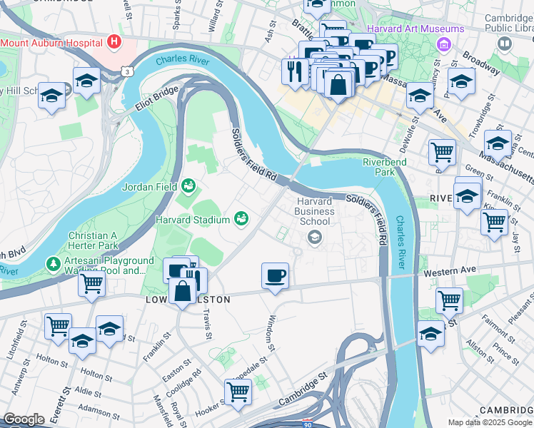 map of restaurants, bars, coffee shops, grocery stores, and more near 65 North Harvard Street in Boston