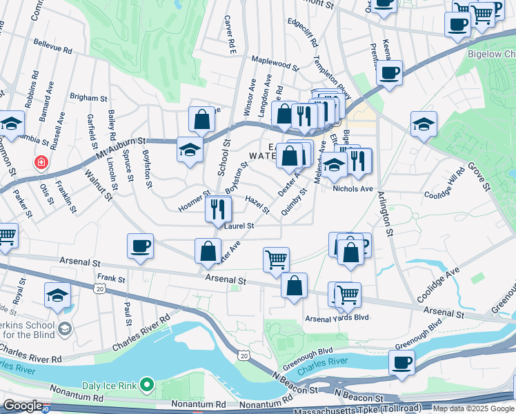 map of restaurants, bars, coffee shops, grocery stores, and more near 18 Fairfield Street in Watertown