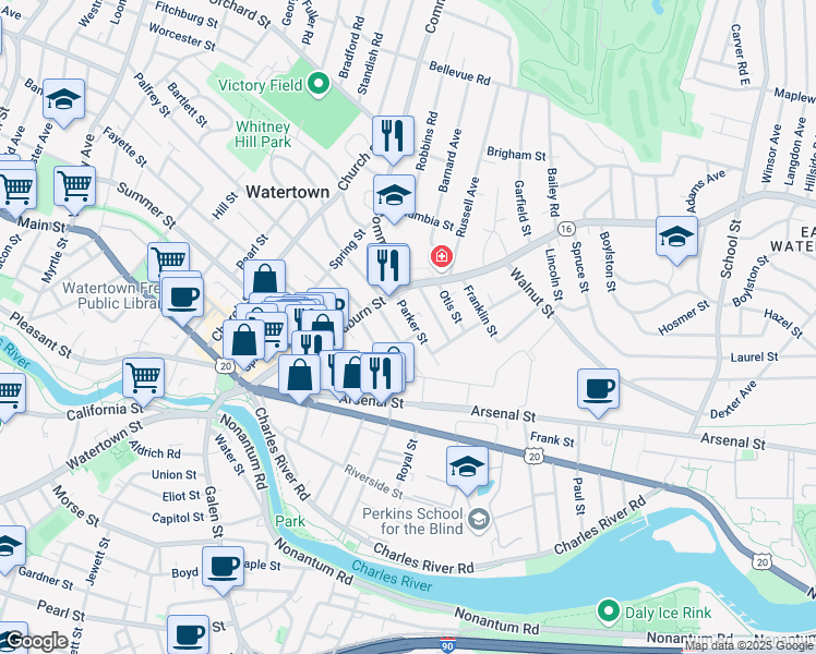 map of restaurants, bars, coffee shops, grocery stores, and more near 16 Parker Street in Watertown
