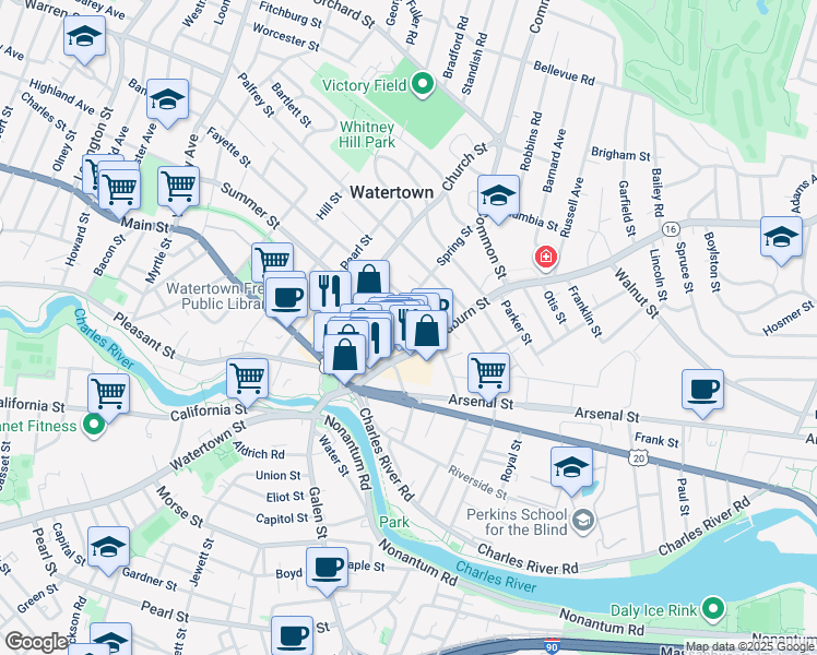 map of restaurants, bars, coffee shops, grocery stores, and more near 73 Spring Street in Watertown