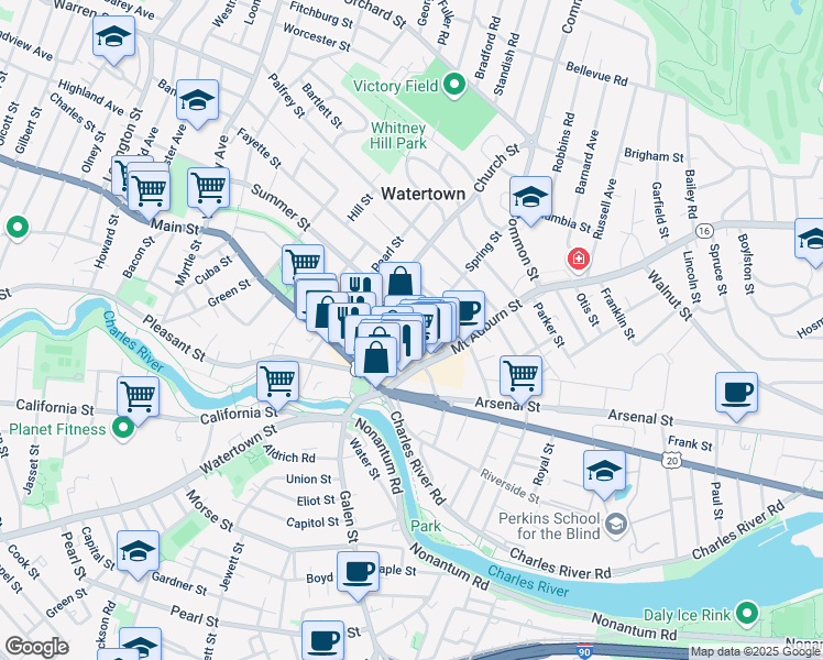 map of restaurants, bars, coffee shops, grocery stores, and more near 48 Summer Street in Watertown