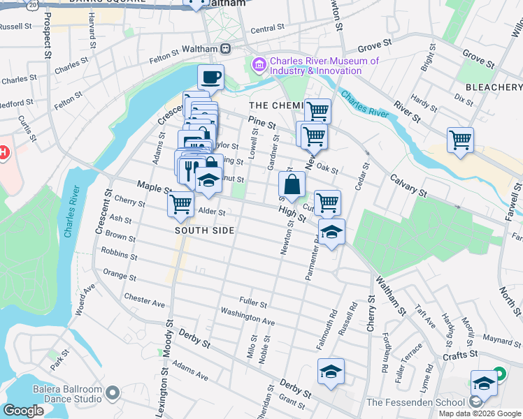 map of restaurants, bars, coffee shops, grocery stores, and more near 80 High Street in Waltham