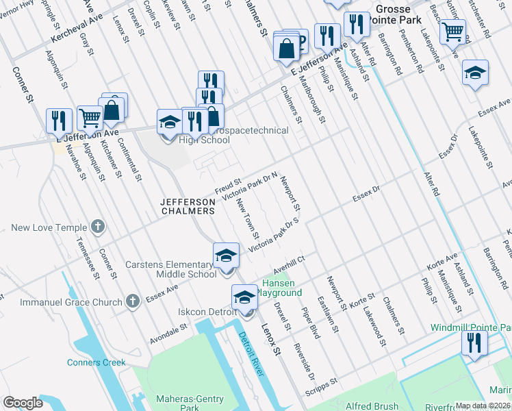 map of restaurants, bars, coffee shops, grocery stores, and more near 600 North Piper Court in Detroit