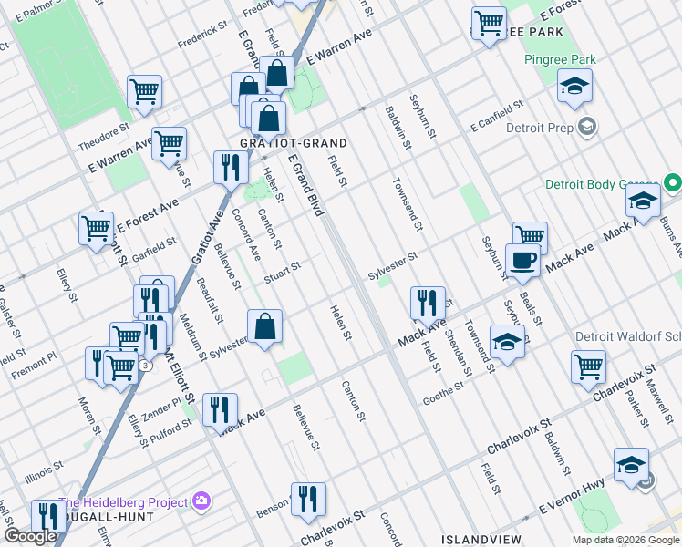 map of restaurants, bars, coffee shops, grocery stores, and more near 3990 Helen Street in Detroit