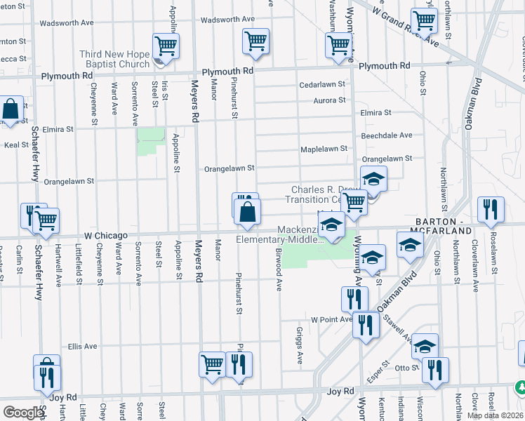map of restaurants, bars, coffee shops, grocery stores, and more near 10431 Crocuslawn Avenue in Detroit