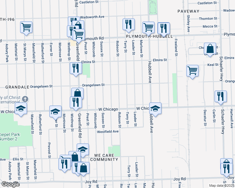 map of restaurants, bars, coffee shops, grocery stores, and more near 9634 Robson Street in Detroit