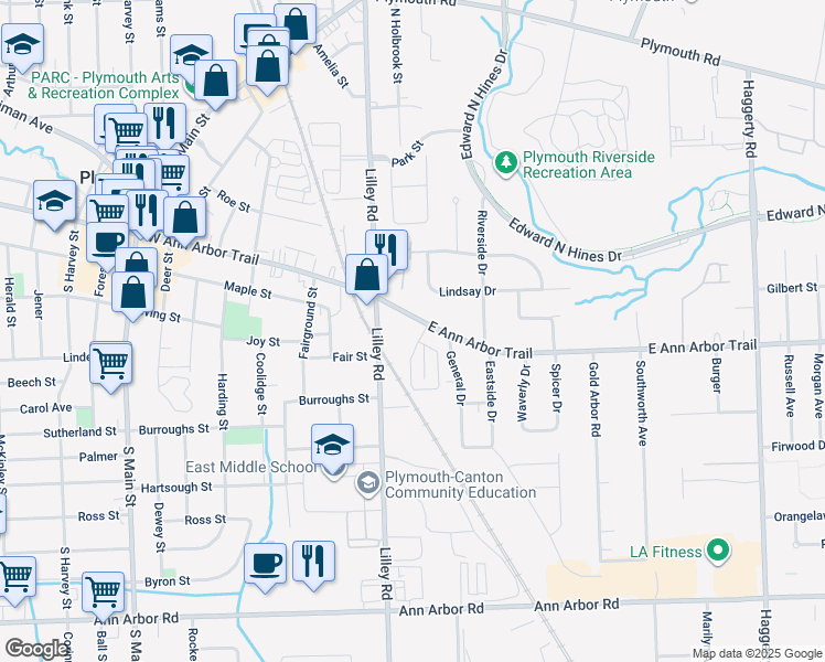 map of restaurants, bars, coffee shops, grocery stores, and more near 233 East Ann Arbor Trail in Plymouth