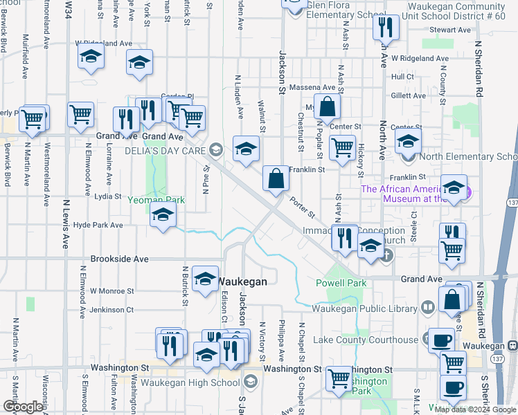 map of restaurants, bars, coffee shops, grocery stores, and more near in Waukegan