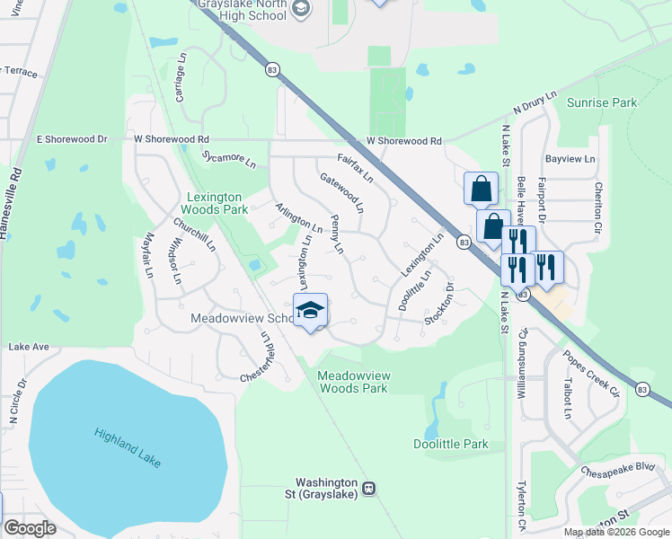 map of restaurants, bars, coffee shops, grocery stores, and more near 321 Penny Lane in Grayslake