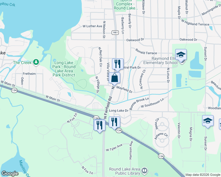 map of restaurants, bars, coffee shops, grocery stores, and more near 1018 Villa Vista Drive in Round Lake Beach