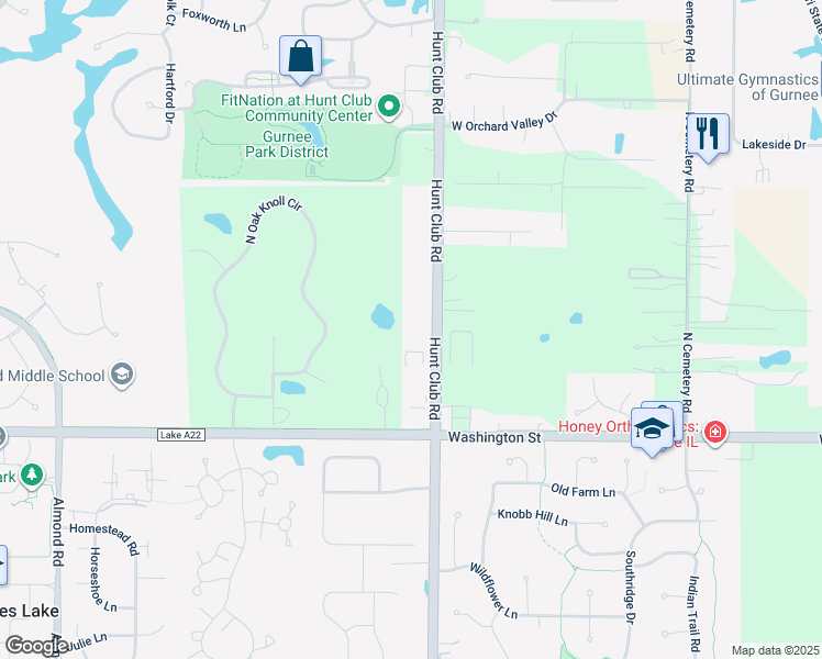 map of restaurants, bars, coffee shops, grocery stores, and more near 500 Hunt Club Road in Gurnee