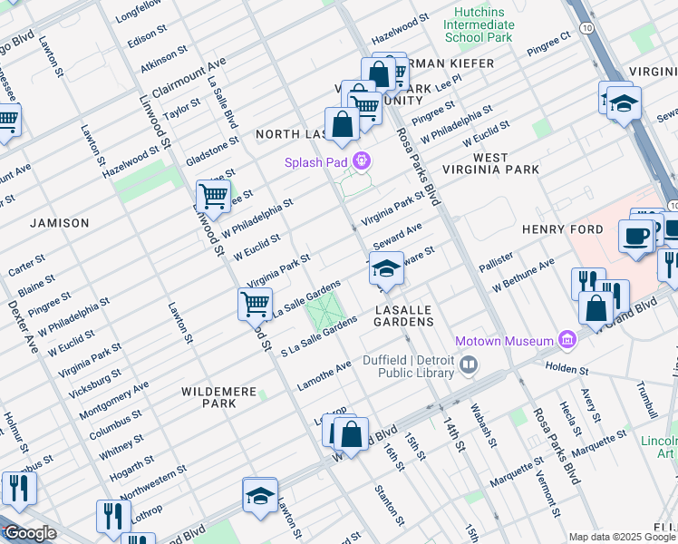 map of restaurants, bars, coffee shops, grocery stores, and more near 2280 North La Salle Gardens in Detroit
