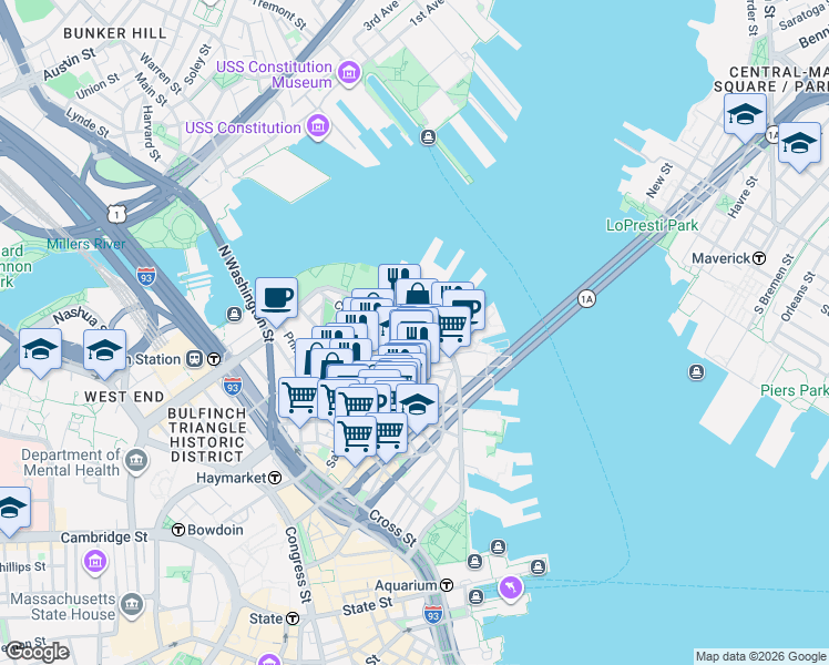 map of restaurants, bars, coffee shops, grocery stores, and more near 456 Hanover Street in Boston