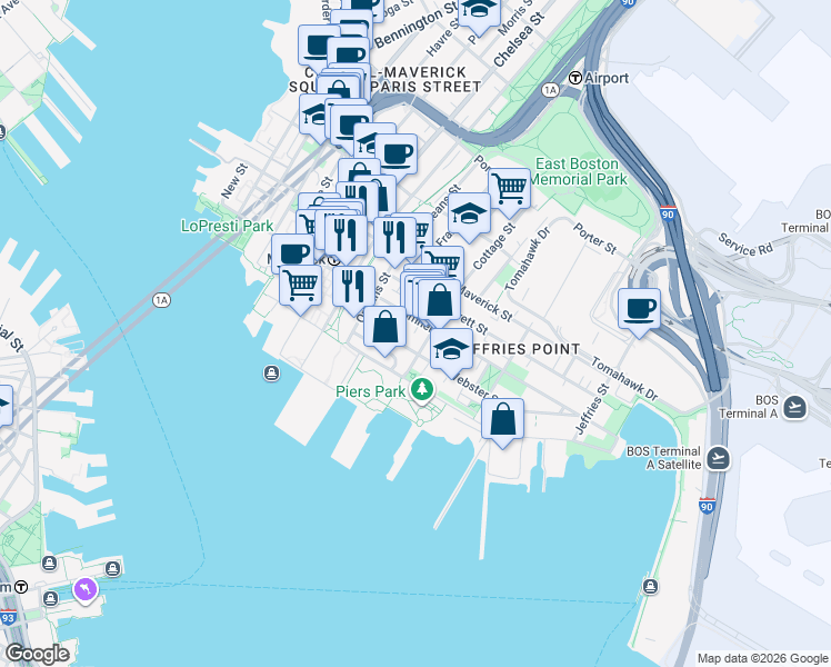 map of restaurants, bars, coffee shops, grocery stores, and more near 16 Cottage Street in Boston