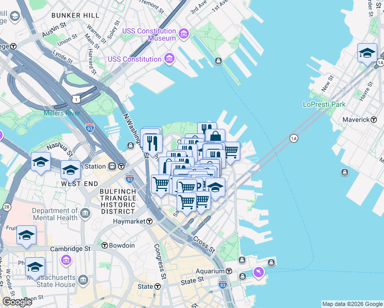 map of restaurants, bars, coffee shops, grocery stores, and more near 501 Commercial Street in Boston