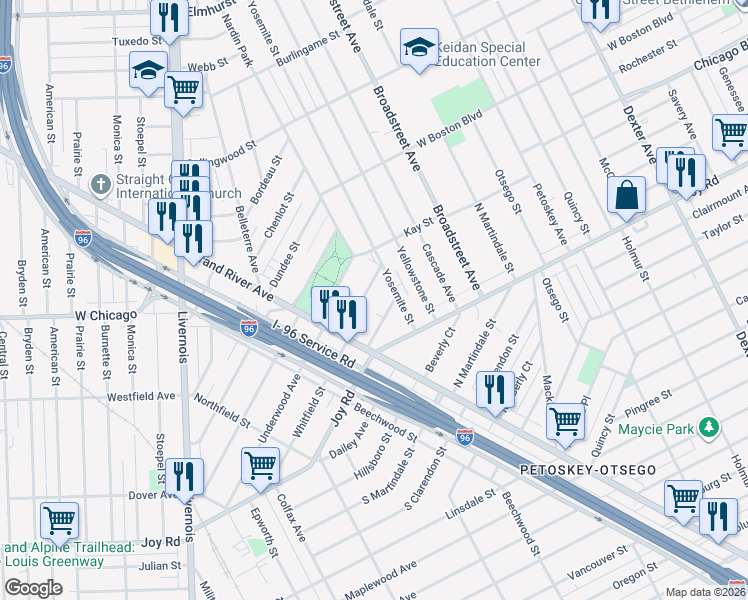 map of restaurants, bars, coffee shops, grocery stores, and more near 9396 Ravenswood Street in Detroit