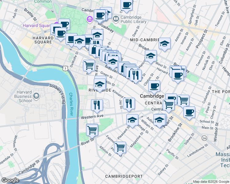 map of restaurants, bars, coffee shops, grocery stores, and more near in Cambridge