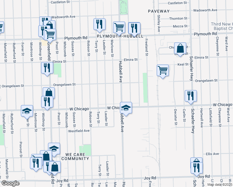 map of restaurants, bars, coffee shops, grocery stores, and more near 9630 Marlowe Street in Detroit