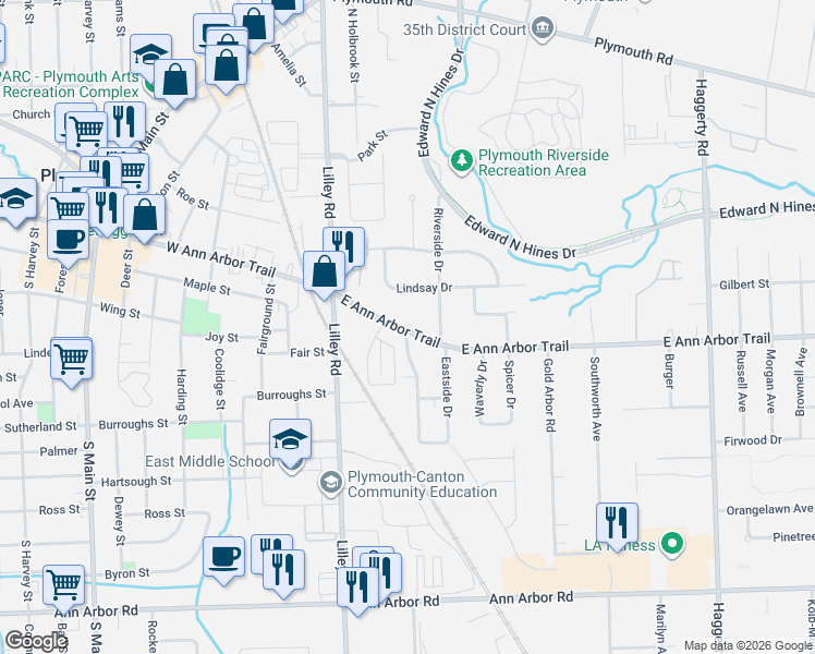 map of restaurants, bars, coffee shops, grocery stores, and more near 42066 East Ann Arbor Trail in Plymouth