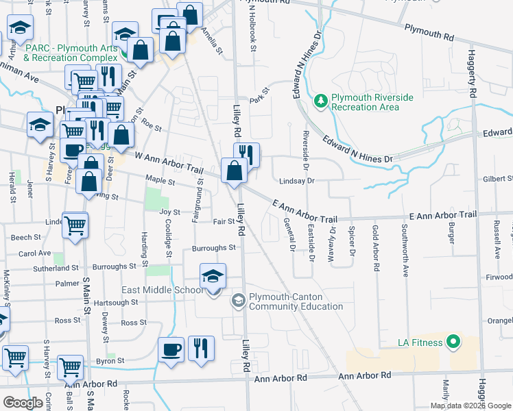 map of restaurants, bars, coffee shops, grocery stores, and more near 233 East Ann Arbor Trail in Plymouth
