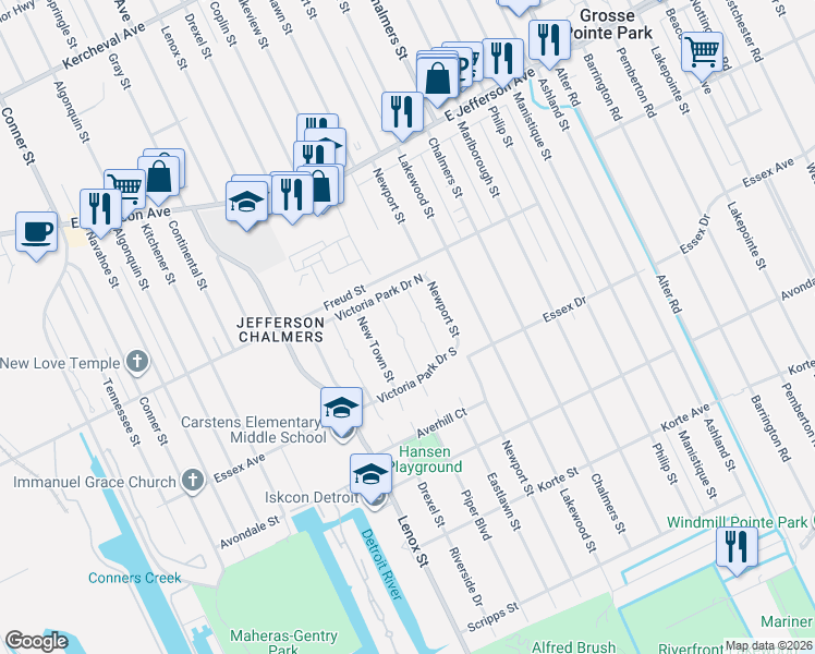 map of restaurants, bars, coffee shops, grocery stores, and more near 600 North Piper Court in Detroit