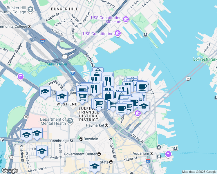 map of restaurants, bars, coffee shops, grocery stores, and more near 164 Prince Street in Boston