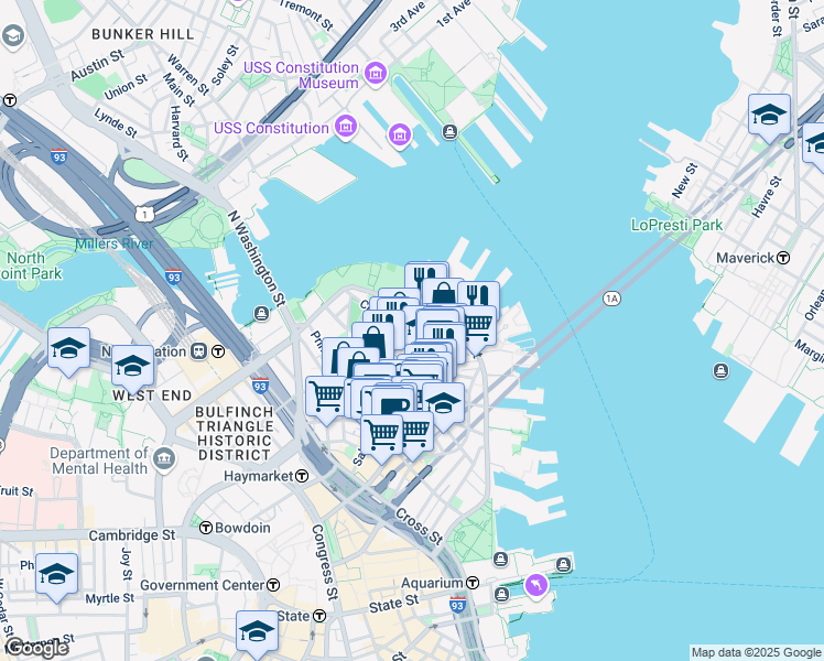 map of restaurants, bars, coffee shops, grocery stores, and more near 24 Henchman Street in Boston
