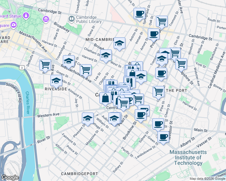 map of restaurants, bars, coffee shops, grocery stores, and more near 151 Bishop Allen Drive in Cambridge