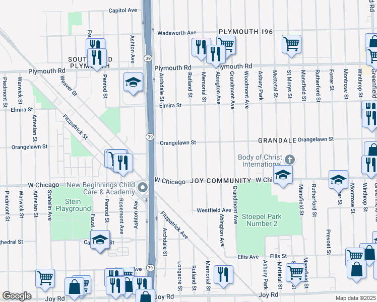 map of restaurants, bars, coffee shops, grocery stores, and more near 9660 Longacre Street in Detroit