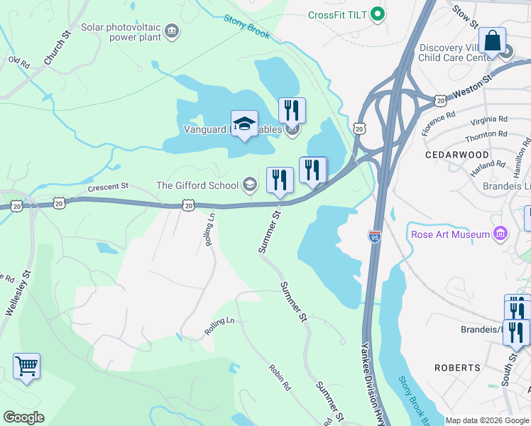map of restaurants, bars, coffee shops, grocery stores, and more near 5 Summer Street in Weston