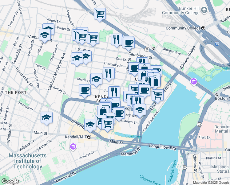map of restaurants, bars, coffee shops, grocery stores, and more near 126-132 Charles Street in Cambridge