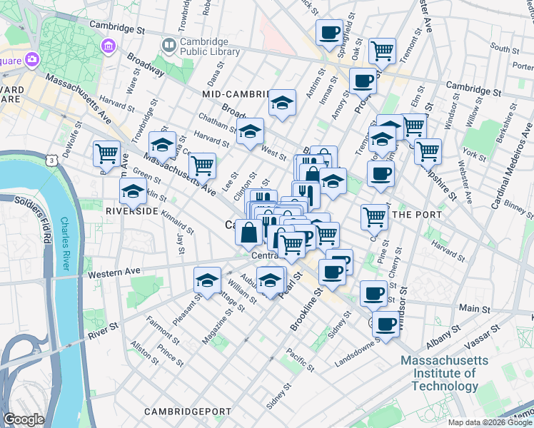 map of restaurants, bars, coffee shops, grocery stores, and more near 151 Bishop Allen Drive in Cambridge