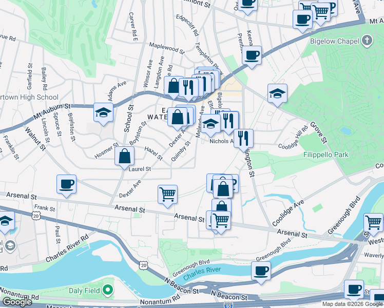map of restaurants, bars, coffee shops, grocery stores, and more near 87 Melendy Avenue in Watertown