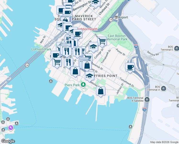map of restaurants, bars, coffee shops, grocery stores, and more near 352 Sumner Street in Boston