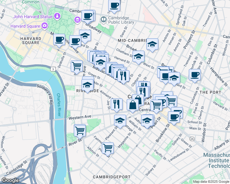 map of restaurants, bars, coffee shops, grocery stores, and more near 512 Green Street in Cambridge