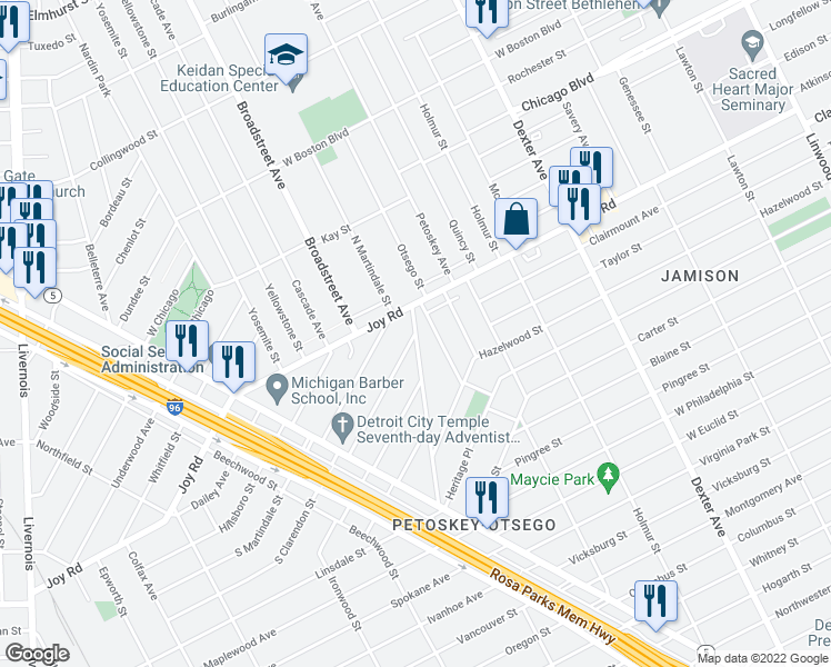 map of restaurants, bars, coffee shops, grocery stores, and more near N Clarendon St in Detroit