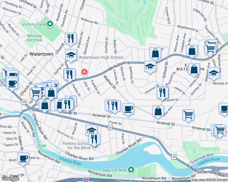 map of restaurants, bars, coffee shops, grocery stores, and more near 61 Lincoln Street in Watertown