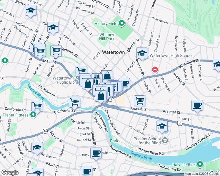map of restaurants, bars, coffee shops, grocery stores, and more near 48 Summer Street in Watertown