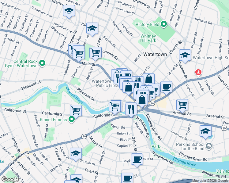 map of restaurants, bars, coffee shops, grocery stores, and more near 164 U.S. 20 in Watertown