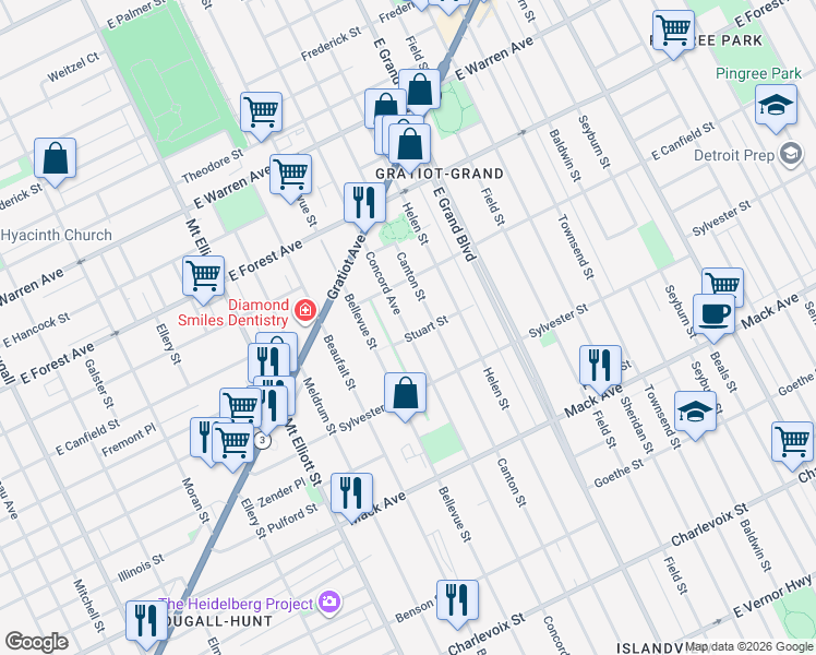 map of restaurants, bars, coffee shops, grocery stores, and more near 4144 Concord Avenue in Detroit