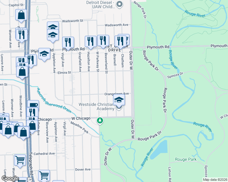 map of restaurants, bars, coffee shops, grocery stores, and more near 9945 Bramell in Detroit